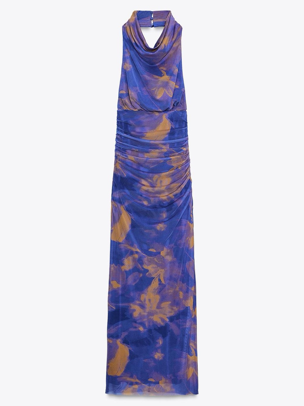 Zara Blue and Orange Cowl Neck Mesh Overlay Halter Maxi Dress